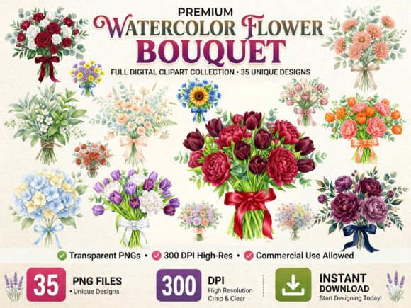 Download Watercolor Flower Bouquet Clipart Bundle - Flower bouquet Collection